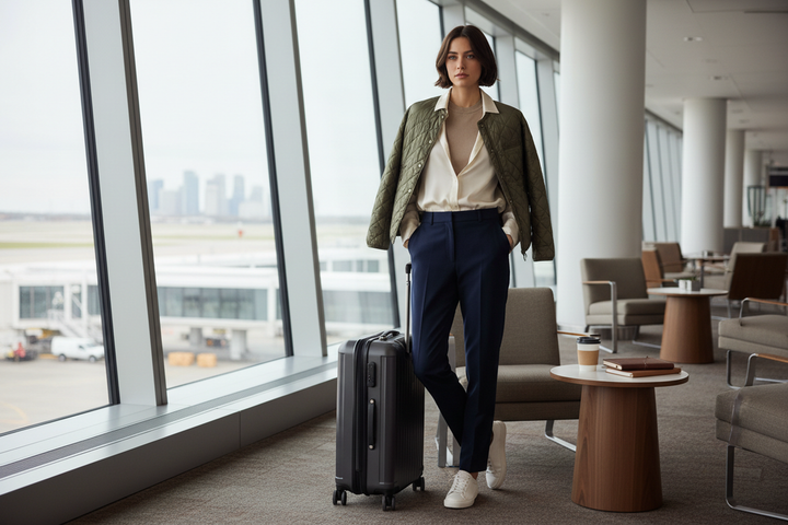 Women's silk button-up shirt styled for travel with a carry-on, showing a polished layered look in a bright airport setting