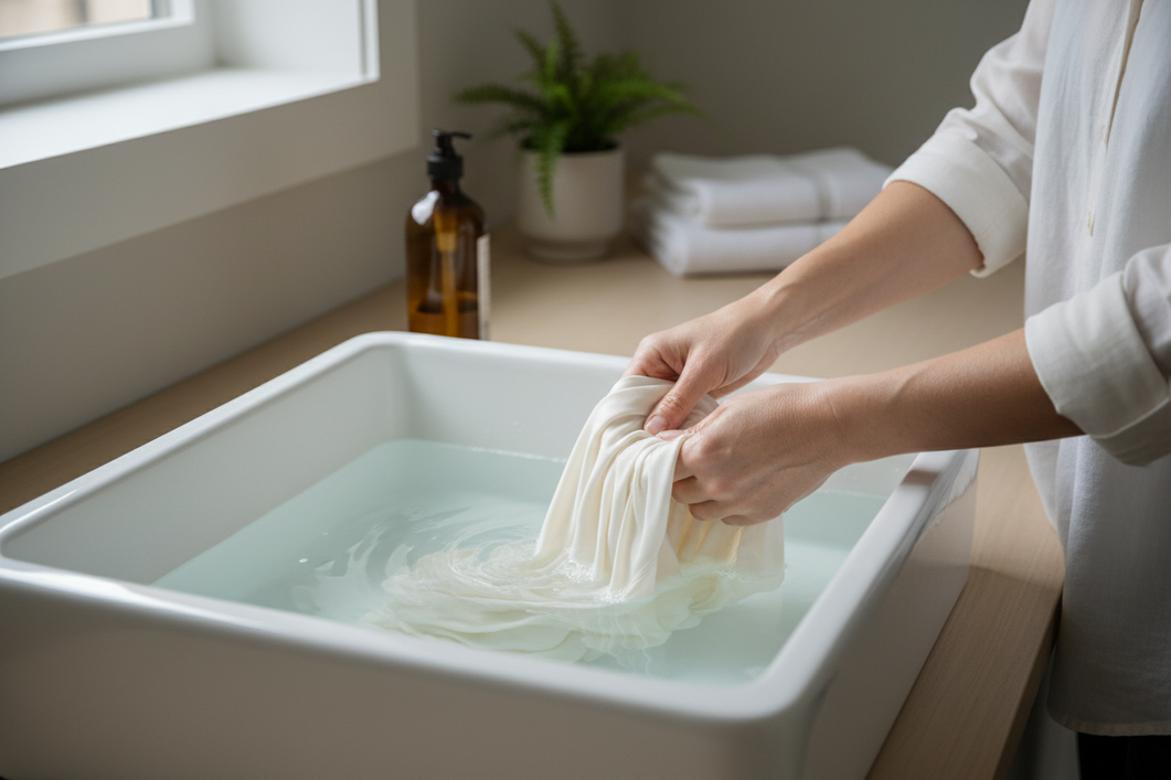 Silk garment in a clean basin with cool water and gentle wash setup for careful hand washing