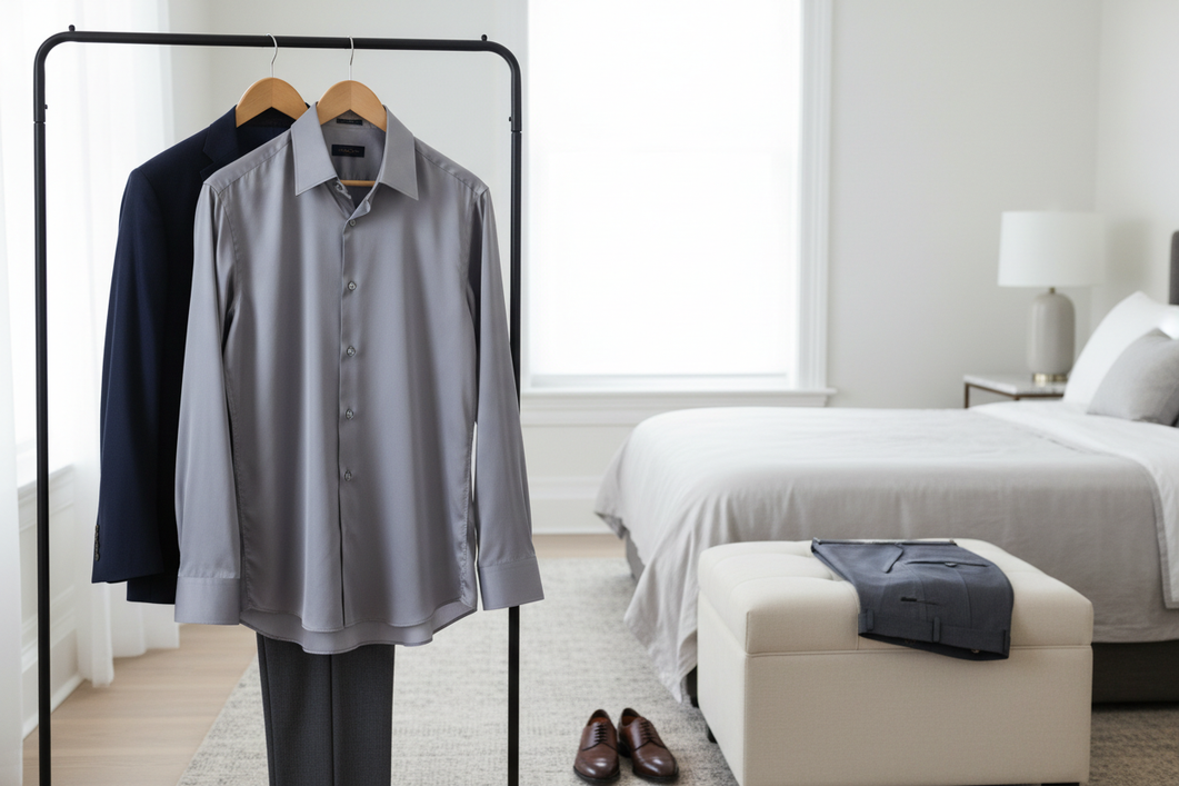Men’s silk shirt styled on a hanger beside trousers and a jacket in a bright bedroom, showing a polished collar and smooth drape for outfit planning.