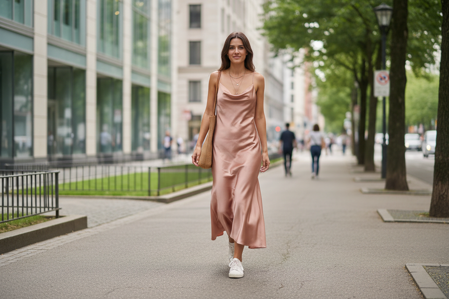 Silk dress styled for a calm everyday outing in a bright city setting