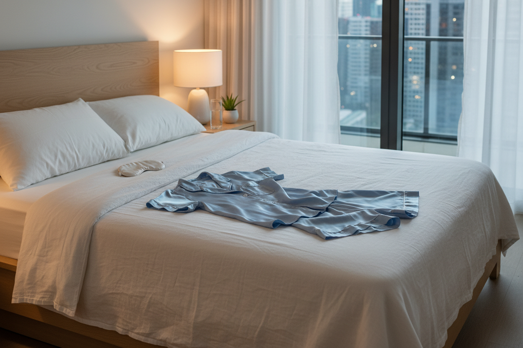 Silk sleepwear set arranged on a neatly made bed in a warm bedroom, showing a comfortable warm-weather nighttime outfit for hot sleepers