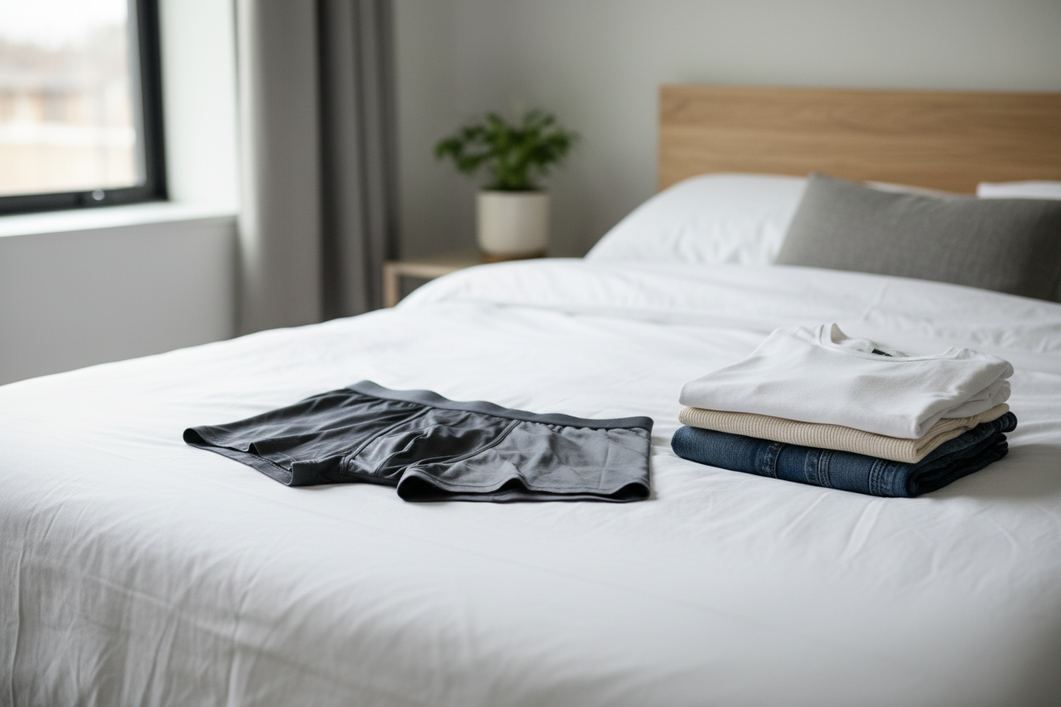 Men’s silk underwear laid out on a bed beside folded casual clothes, showing a relaxed fit and lightweight feel