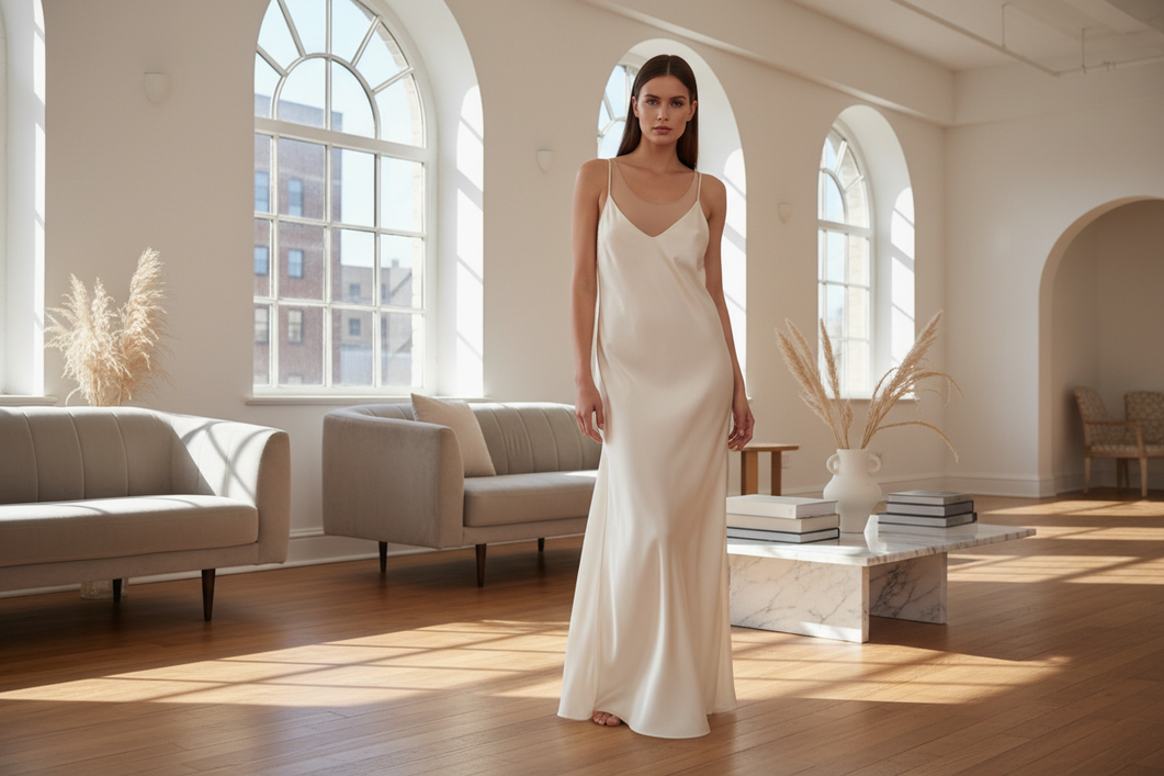 Silk dress styled with a discreet underlayer for coverage and comfort