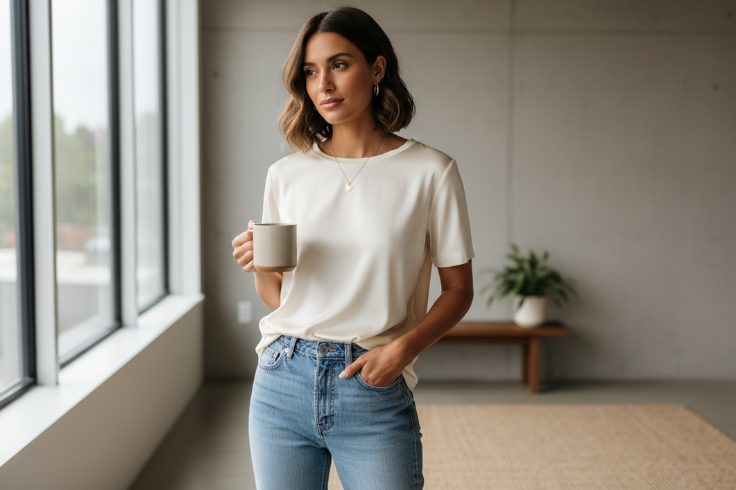 Woman wearing a silk T-shirt with a smooth, balanced drape that skims the body without pulling