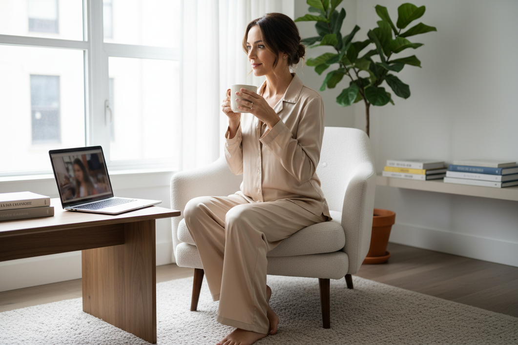 Woman wearing silk loungewear at home in a calm morning setting, seated comfortably near a window with a laptop and coffee, showing an outfit that works for remote work and relaxed home wear