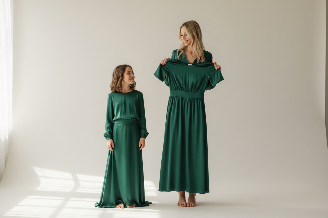 Tall and petite shoppers compare a long silk dress on different body lengths to check hem position and proportion.