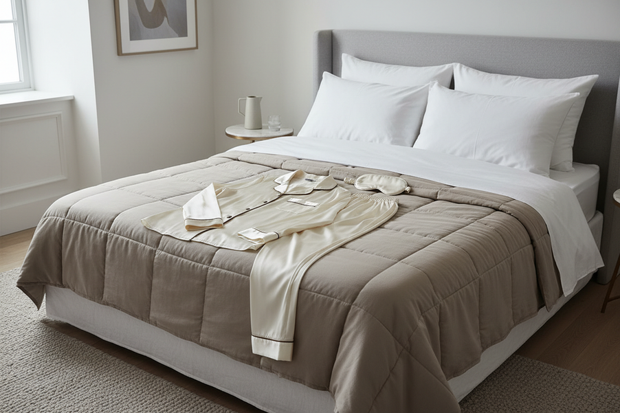 Silk pajama set on a bed in a softly lit bedroom, styled as a premium sleepwear hero image
