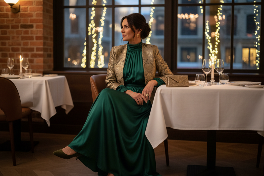 Silk gown styled for dinner with a coordinating outer layer and finished shoes in a restaurant setting