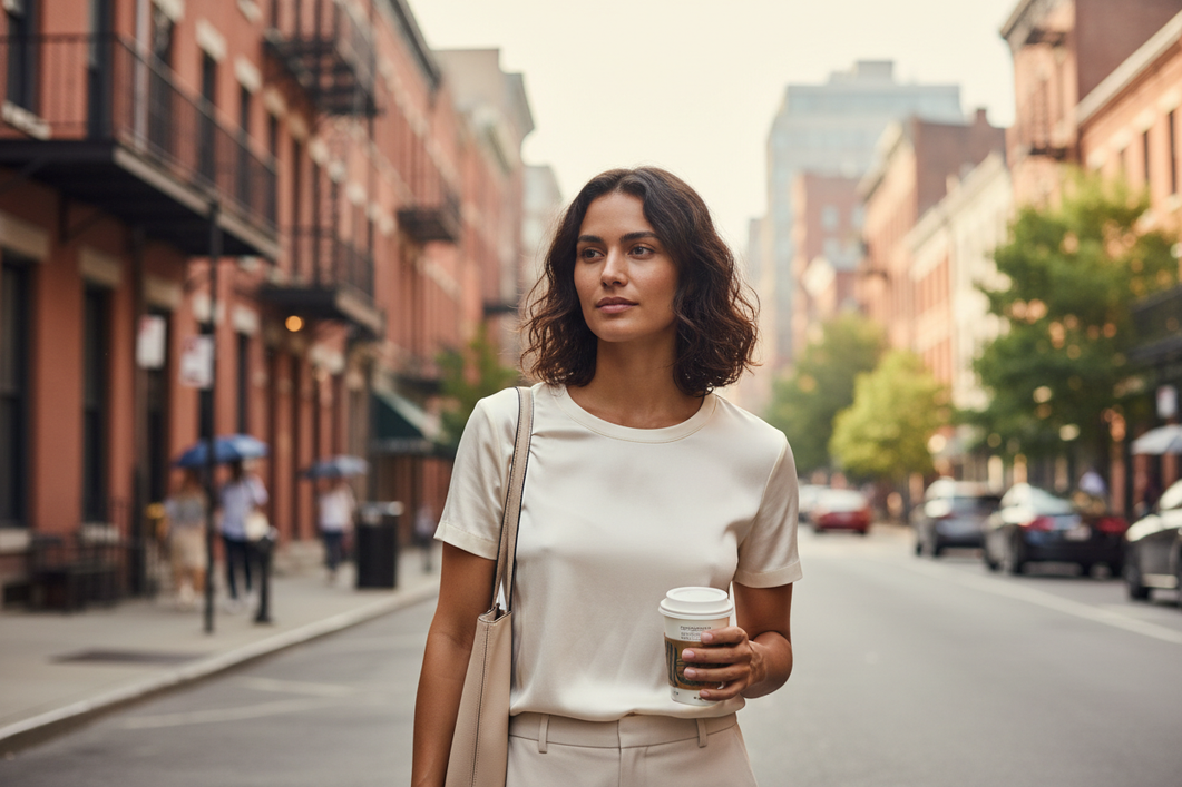 A woman wearing a silk T-shirt on a warm humid day while walking through a city street with light sweat showing near the underarms