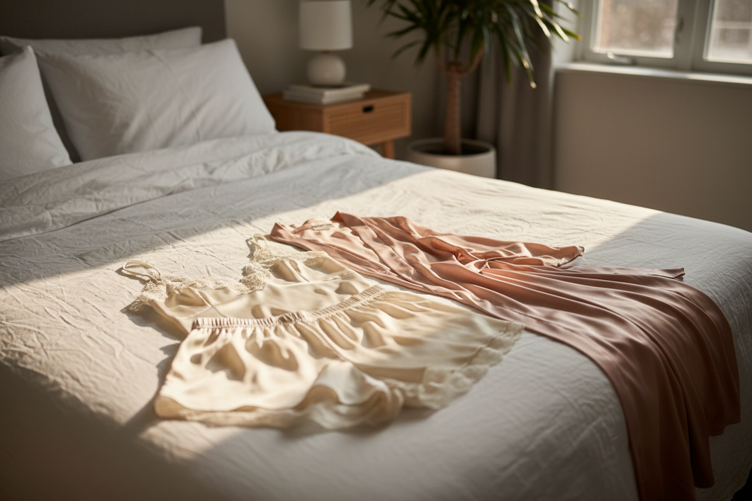 Silk camisole and shorts sleep set styled with a robe on a bed in a softly lit bedroom