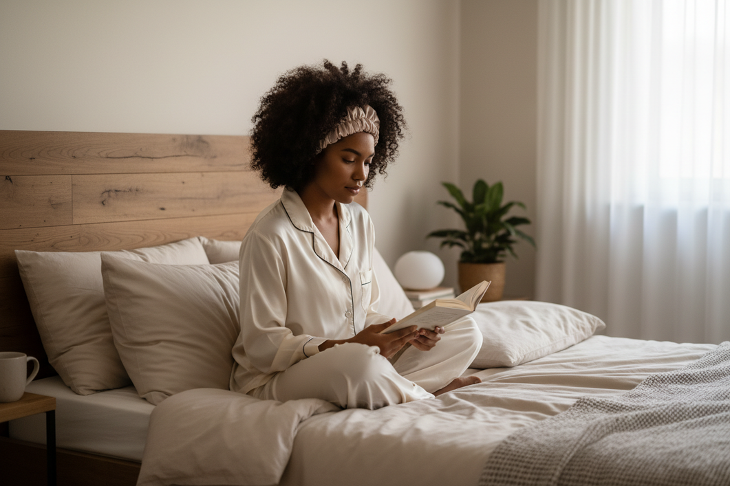 Woman with curly hair wearing a silk bonnet in bed, showing a relaxed overnight hair protection routine.