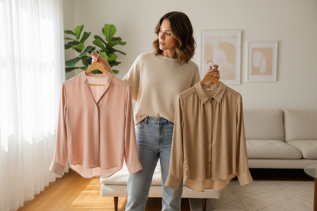 Woman comparing two silk shirts on hangers to judge fabric weight and drape