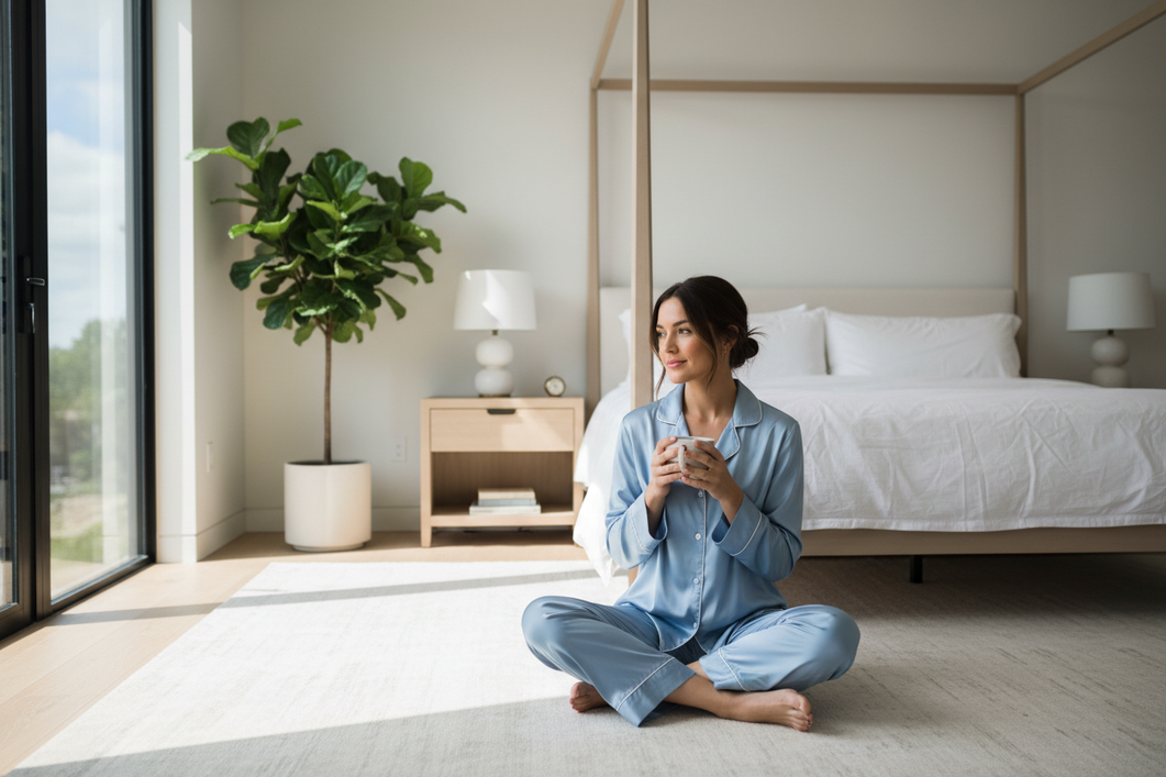 Woman wearing silk pajamas that fit comfortably, standing in a softly lit bedroom with relaxed shoulders and a secure waistband
