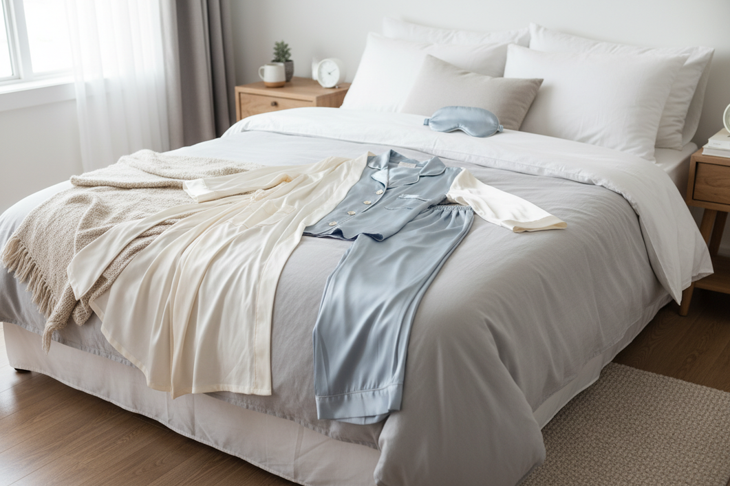 Silk robe and pajama set laid out on a neatly made bed in a shared bedroom, showing a layered sleepwear option for nighttime coverage.