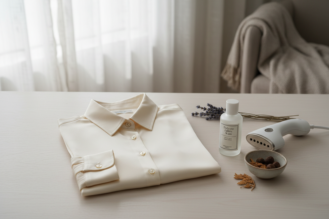 Silk shirt laid neatly on a table with care items nearby, showing a clean collar, cuffs, and button front before storage or wear