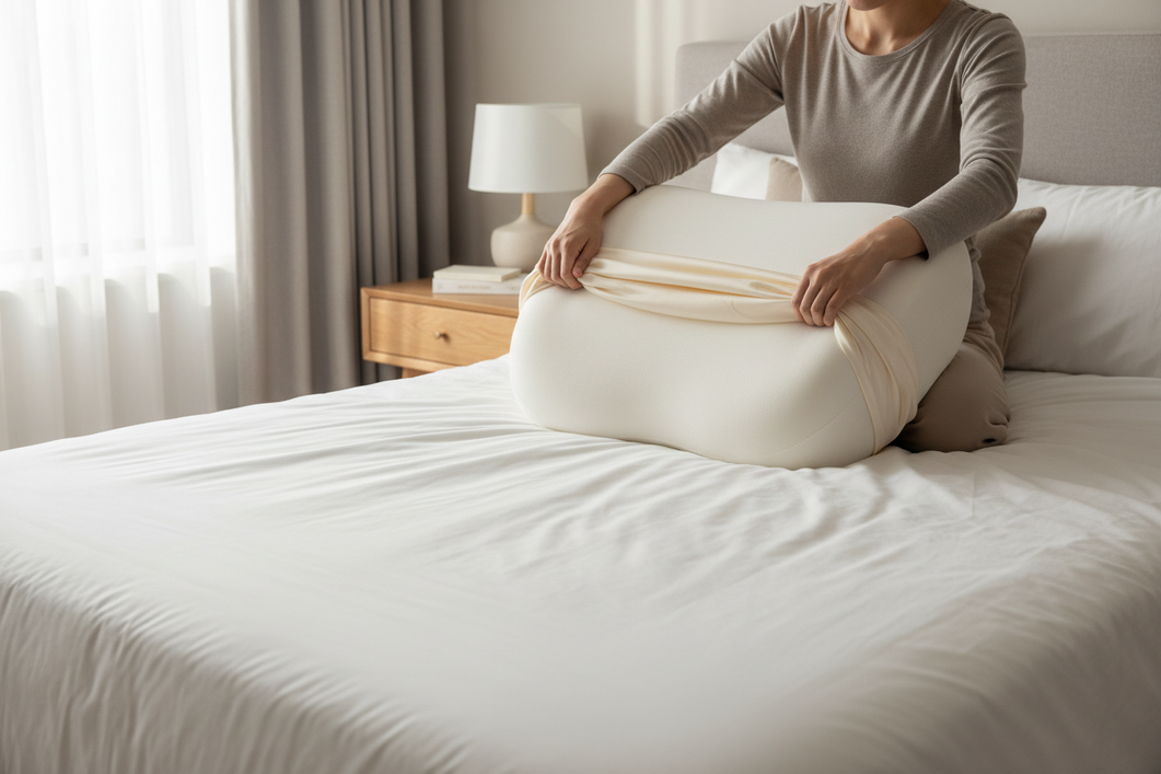 Silk pillowcase fitting over a thick memory foam pillow on a neatly made bed, showing a clean home bedroom setup with the pillow partly inserted for a fit check