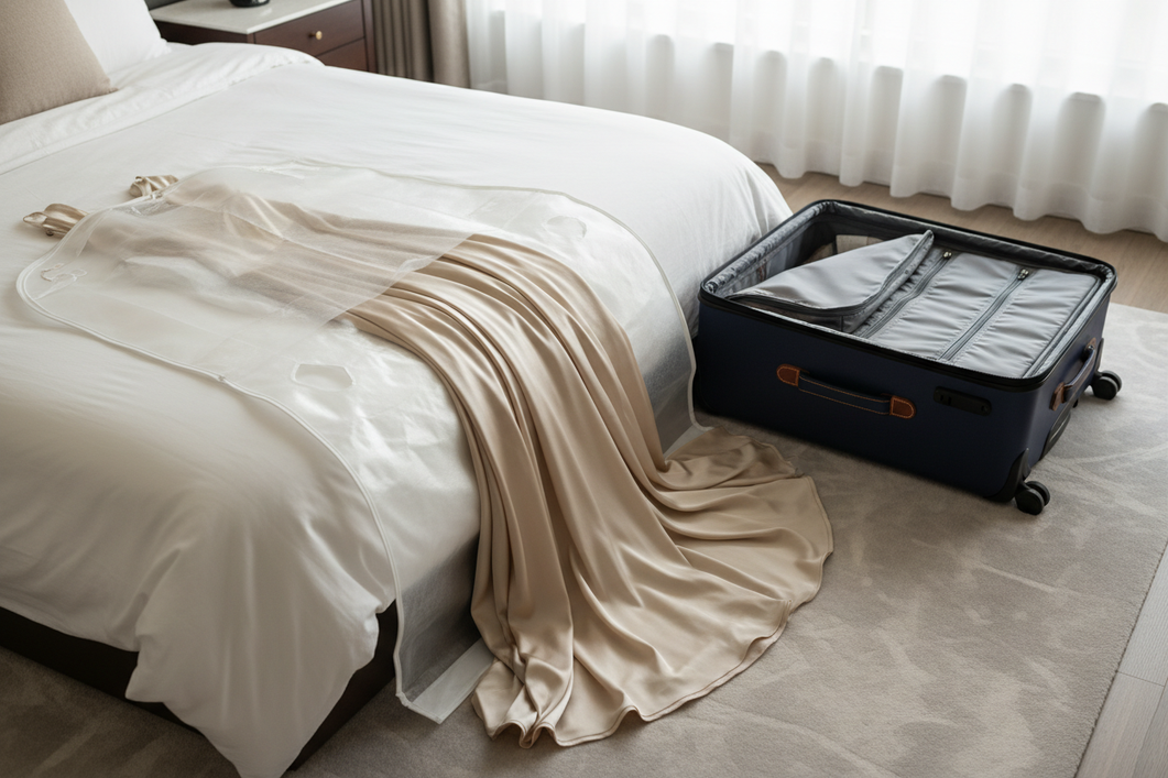 Silk evening gown neatly prepared for travel on a clean bed beside folded tissue and a partially open suitcase