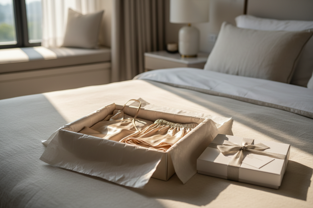 Silk pajamas and a wrapped gift box on a neatly made bed, shown as a thoughtful gift choice for an unknown size.