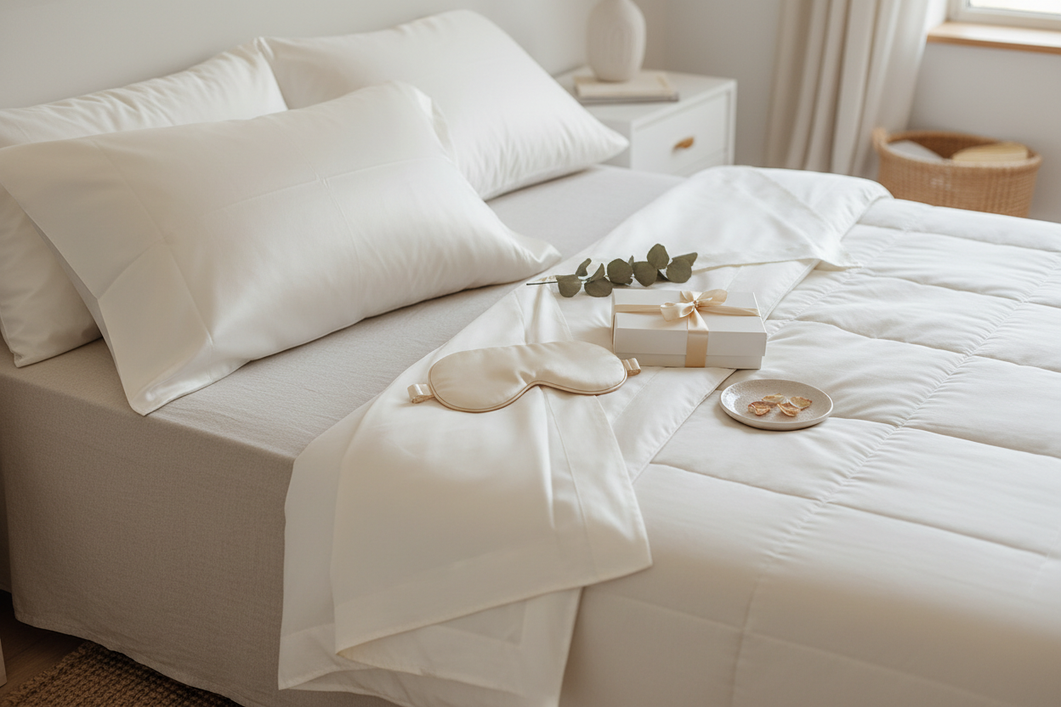 Silk gift set arranged as a thoughtful bedtime self-care present with a pillowcase and eye mask on a neatly made bed