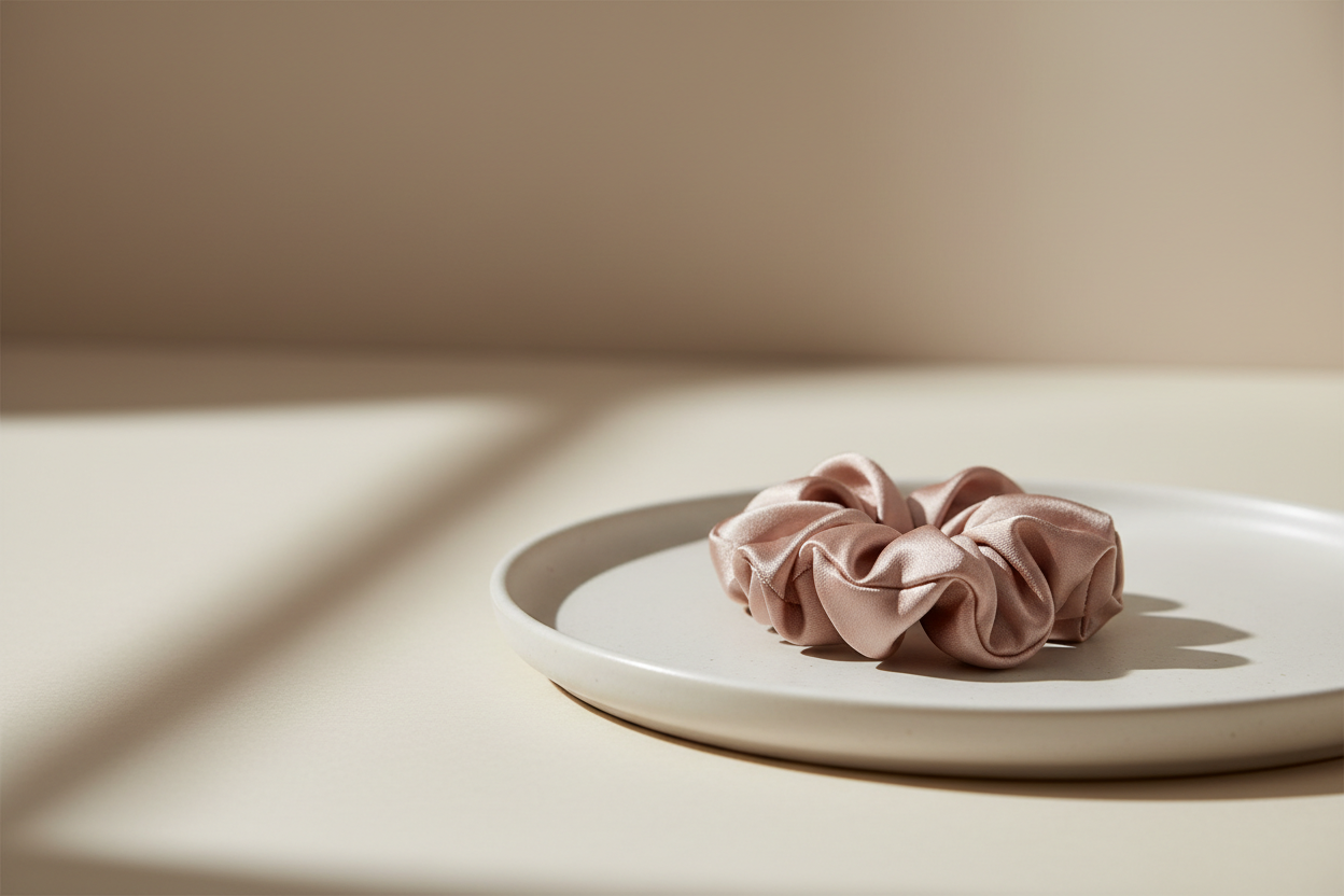 Silk hair scrunchie for fine hair shown in a simple editorial product scene
