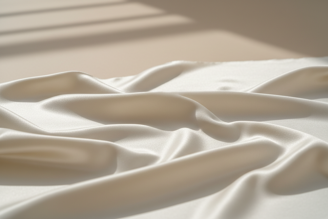 Close-up of a silk fabric sample showing a smooth reflective surface and soft drape