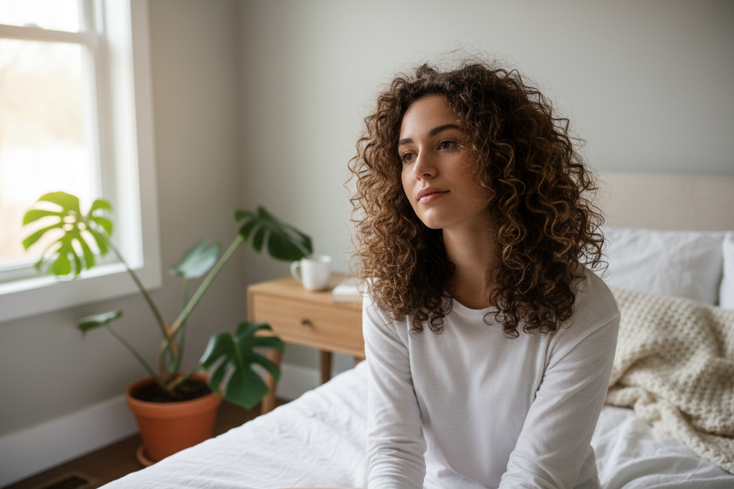 Woman with curly hair waking up with frizz and flattened roots after sleeping