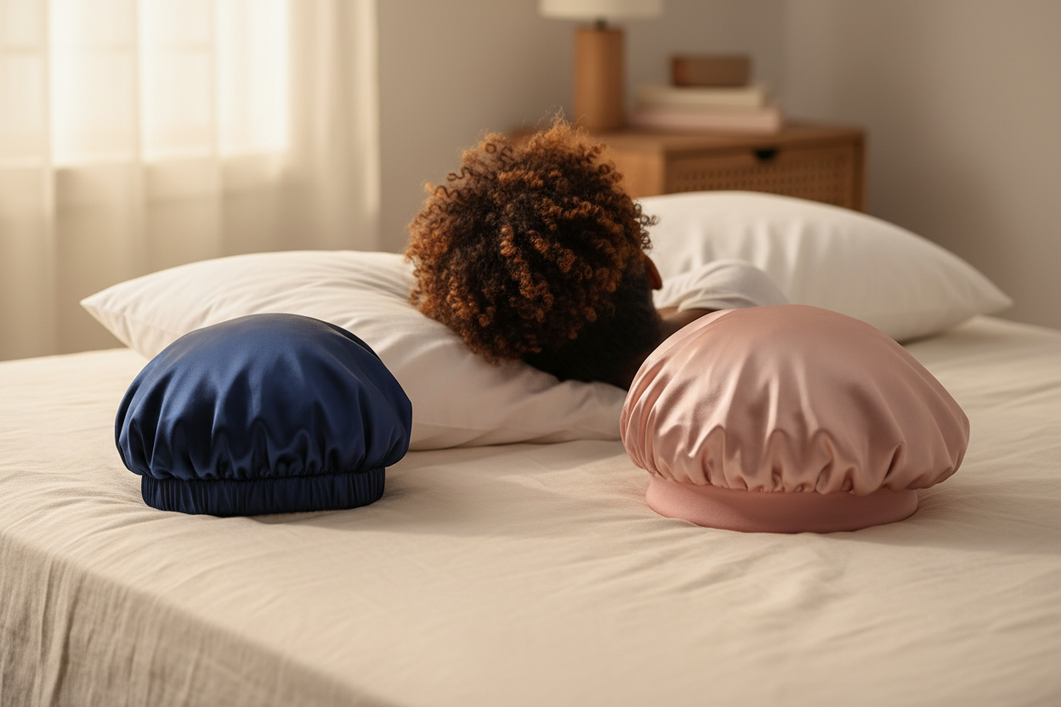 Silk sleep cap and silk bonnet laid beside a curly hairstyle on a bed