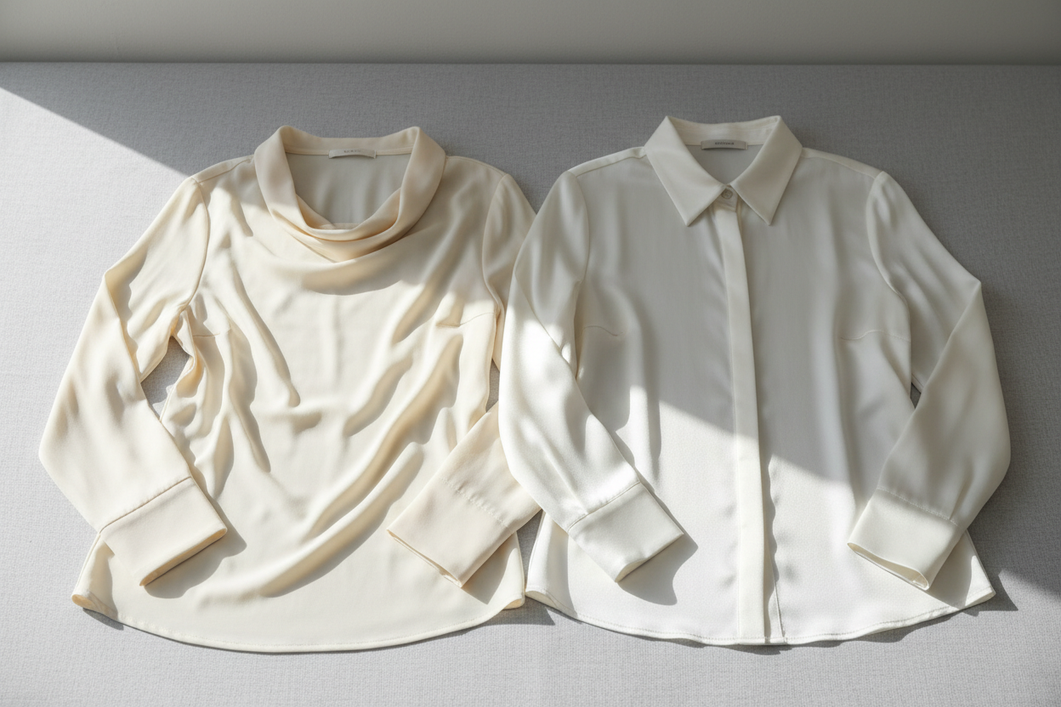 Silk blouse and satin blouse comparison laid out on a neutral surface, showing different sheen and drape for shopping reference