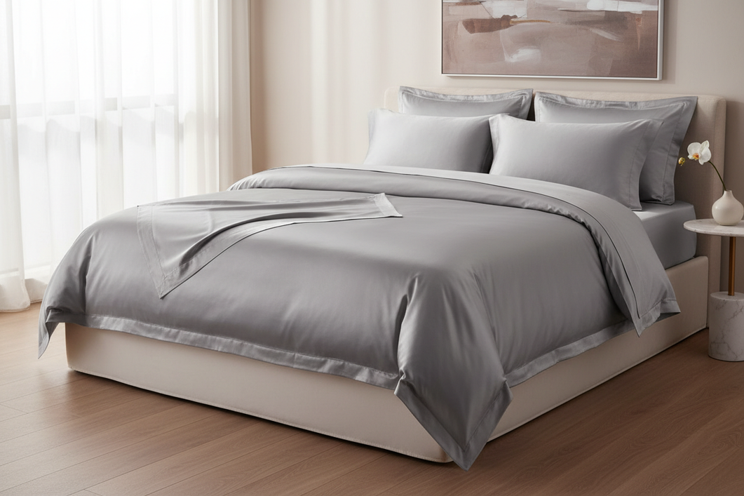 Silk bedding set styled on a made bed in a bright bedroom, showing fitted sheet and pillowcases for a bedding comparison.