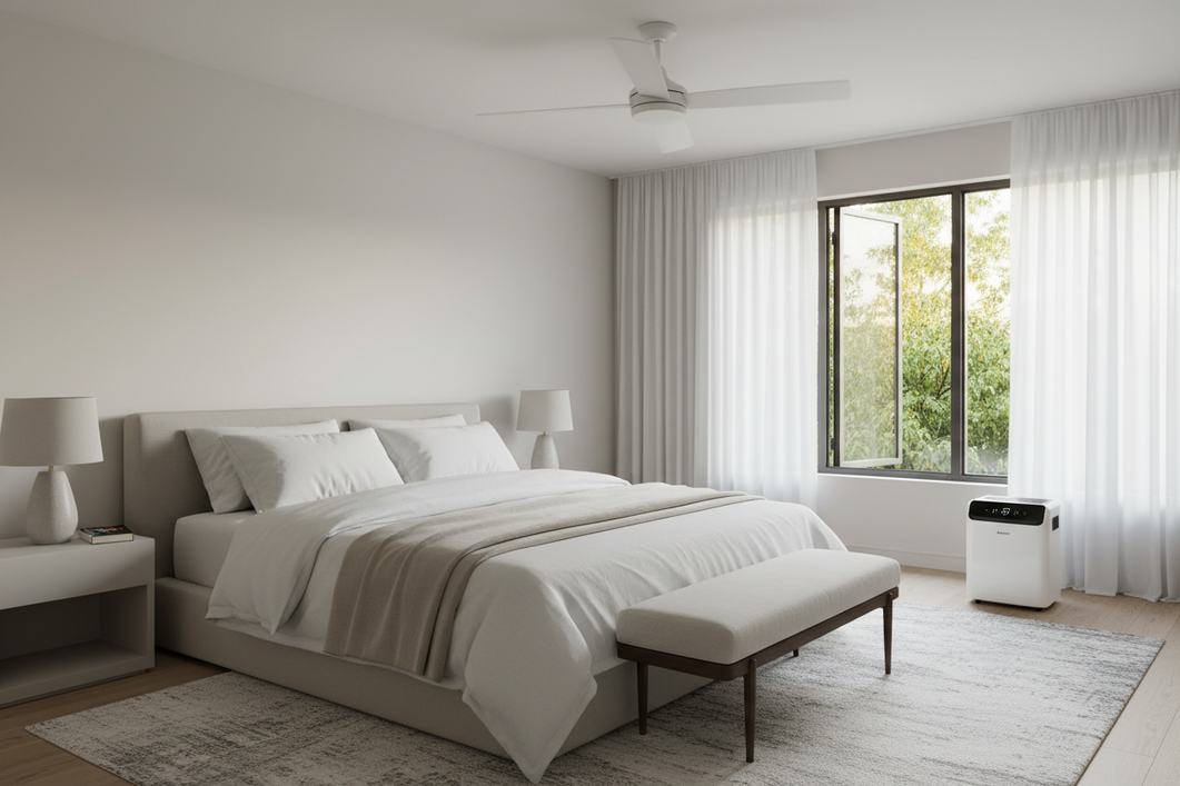 Silk bedding arranged on a bed in a humid-looking bedroom with a fan and dehumidifier nearby