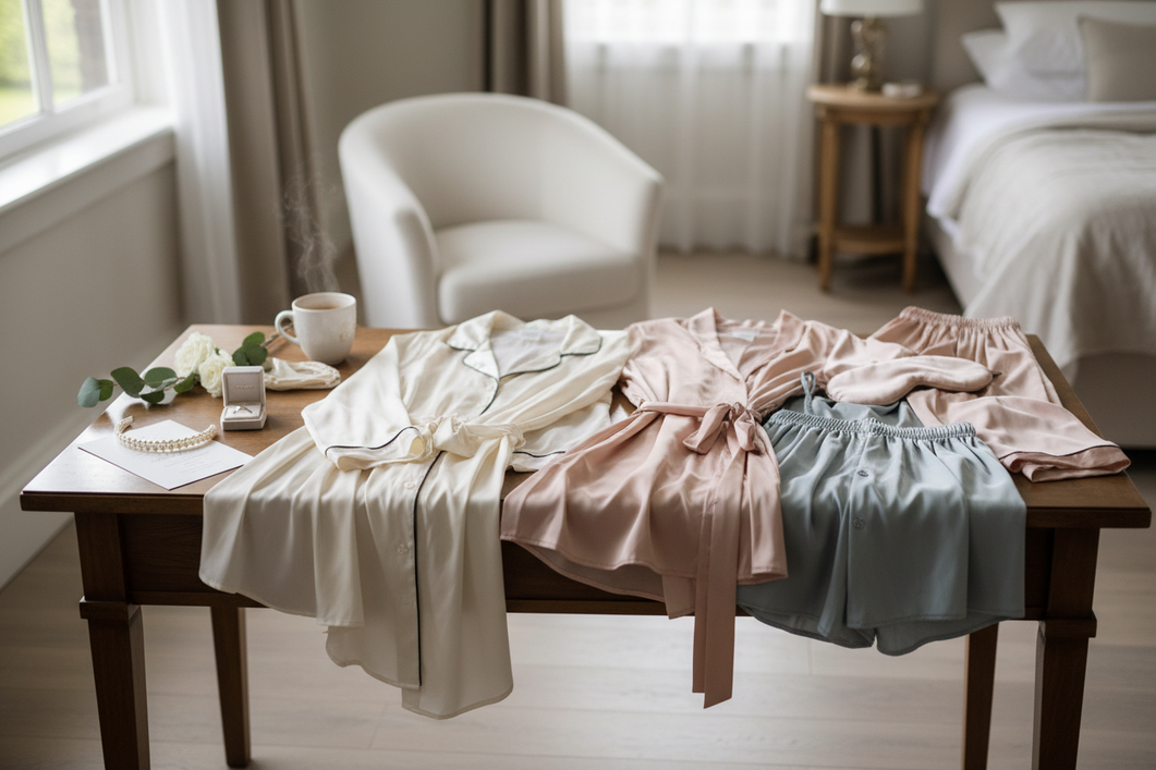 Bridal silk pajamas laid out for a mixed-size wedding morning with a coordinated color story and different silhouettes for comfort and fit