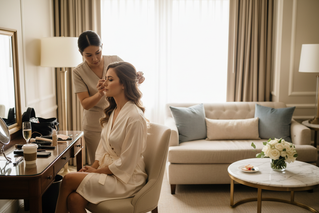 Silk bridal robe worn during wedding morning preparation in a bright hotel suite with hair and makeup tools nearby
