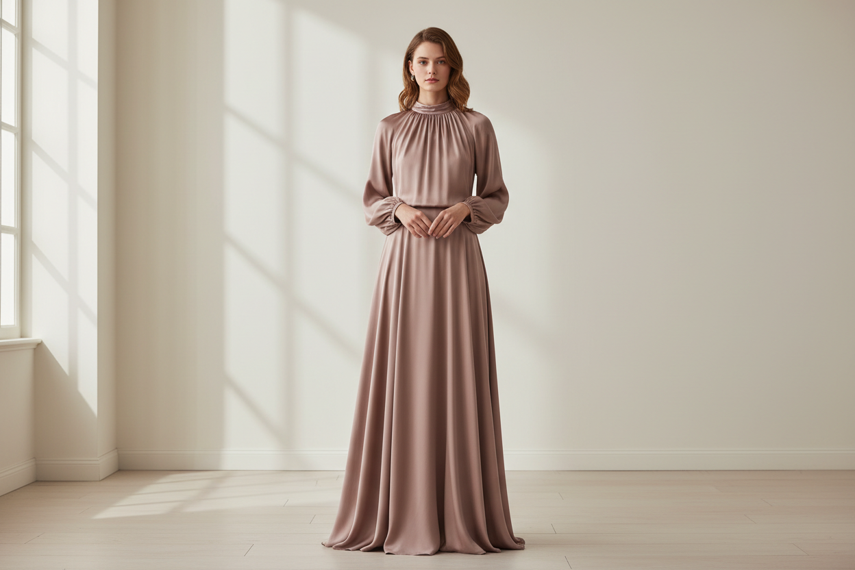 A silk dress styled with a smooth underlayer for coverage, shown on a model in soft daylight