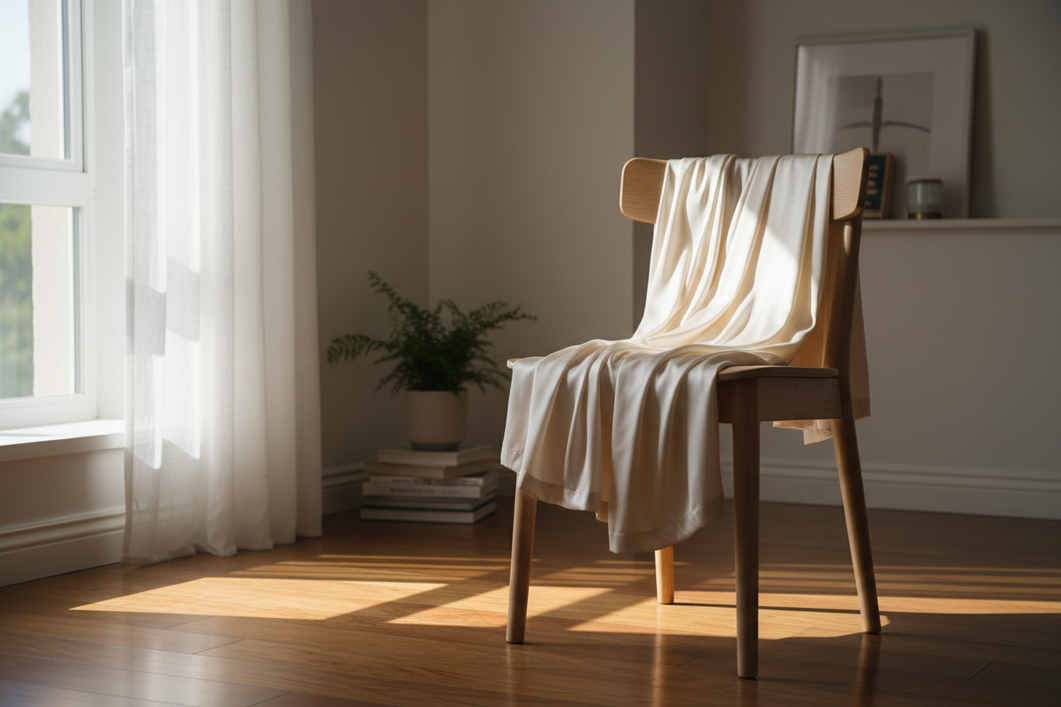 Silk garment draped in soft indoor shade near a bright window, showing how to keep fabric away from direct sunlight