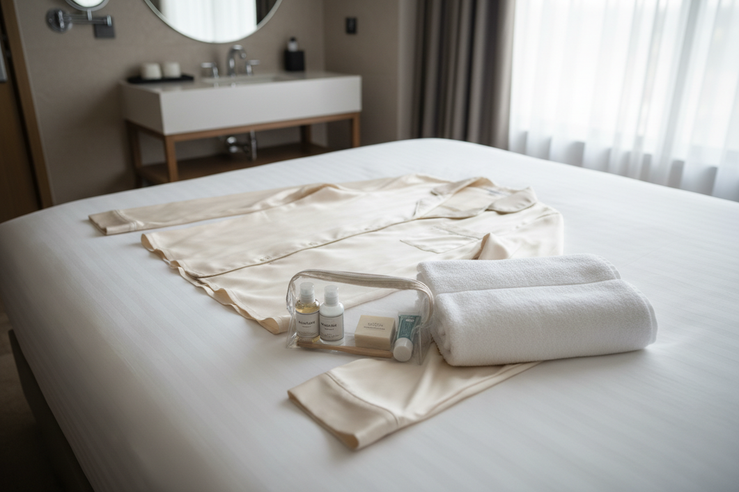 Silk pajamas and a small travel wash kit arranged on a hotel bed beside a clean towel and sink-safe supplies