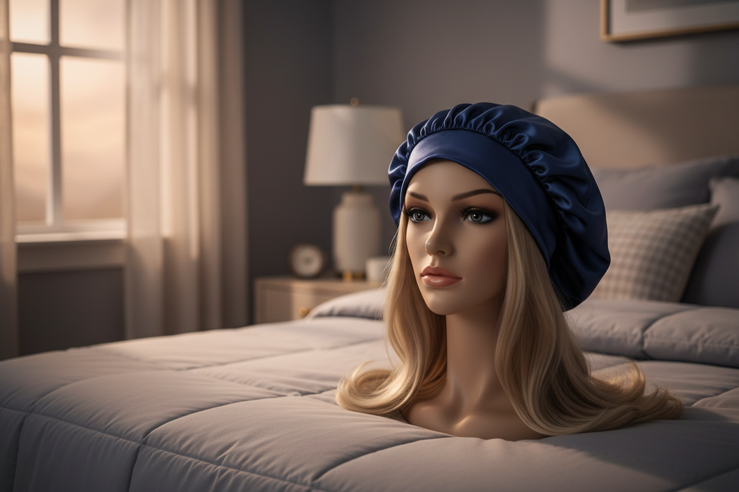 A silk sleep cap fitted over a wig on a mannequin head at bedtime, showing a secure but gentle fit around the hairline and crown.