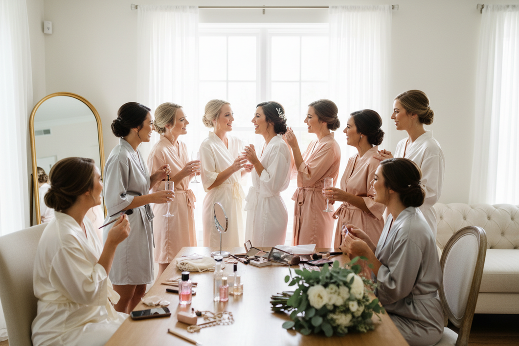 Bridal party in matching silk robes getting ready together in a bright room