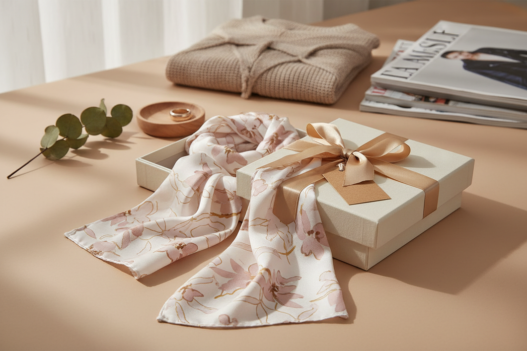 A silk scarf gift styled as a versatile present on a simple surface, with a folded scarf, neutral wrapping materials, and a few understated accessories nearby