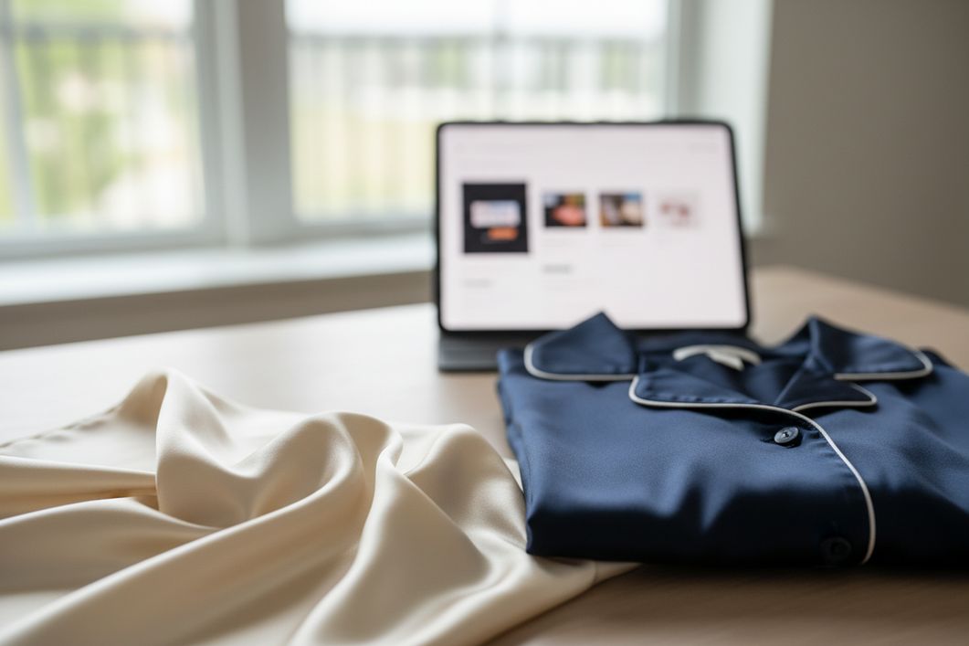 Side-by-side silk fabric and garment details for online shopping comparison