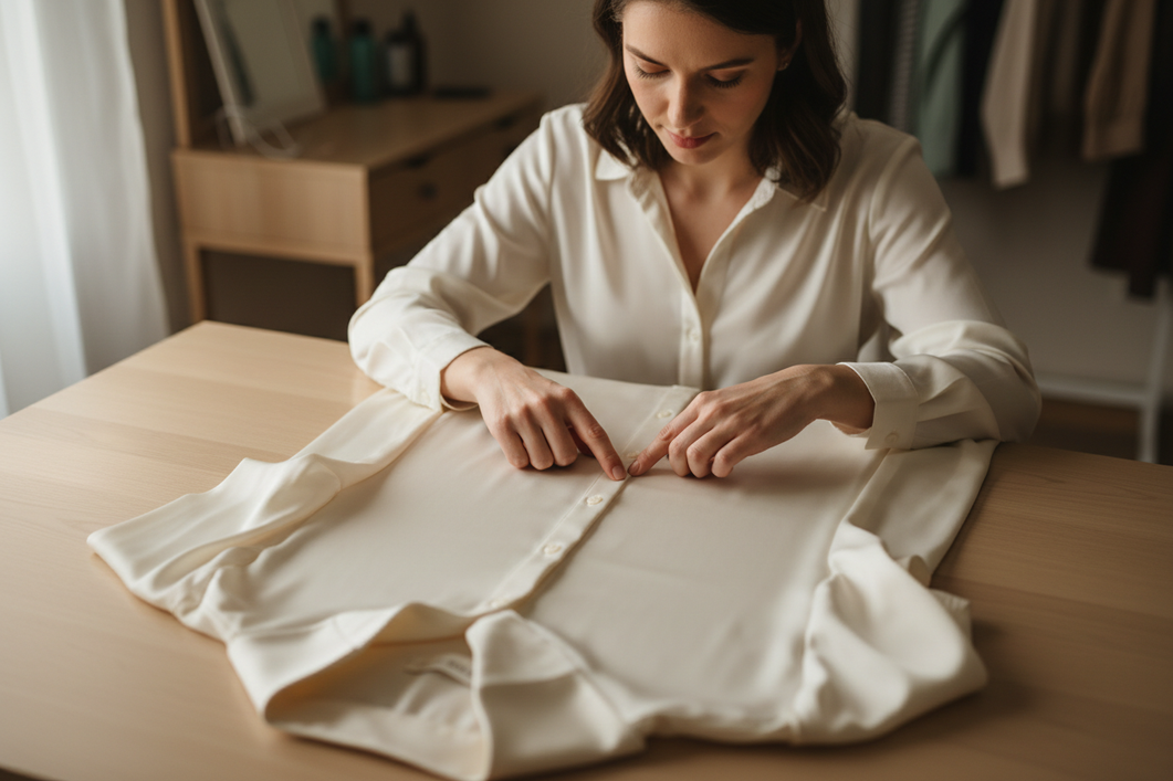 Close-up of a person carefully inspecting a silk dress snag on a flat surface before an event