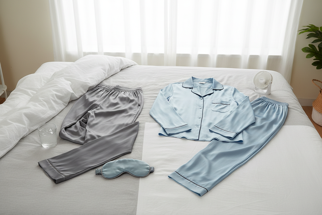 Men’s silk sleepwear laid out for comparison on a bed, showing a separate pair of sleep pants alongside a coordinated pajama set in a clean bedroom setting