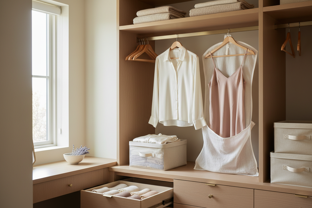 Silk clothes stored neatly for the season in a clean, breathable closet setup