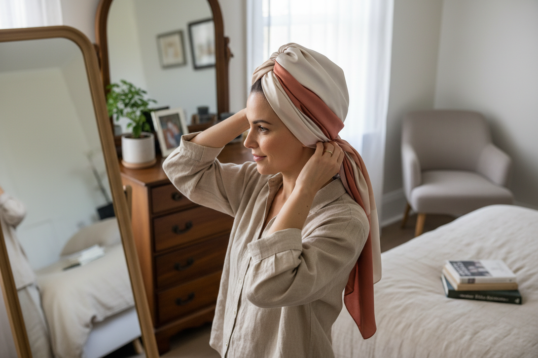 Woman arranging a silk scarf over hair with a low, secure wrap indoors