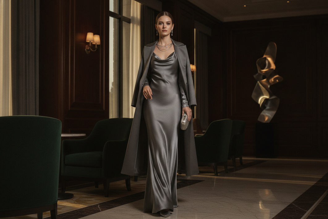 A woman in an elegant silk evening outfit in a dark neutral tone, shown in a formal indoor setting with soft lighting and refined accessories