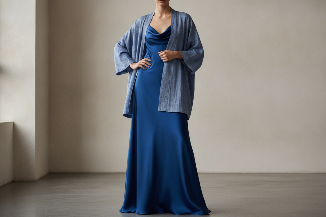 Monochrome silk outfit in one color family with subtle tonal variation, styled as an elegant fashion look for women
