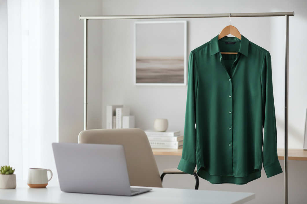 Silk shirt in a muted navy tone styled for a work outfit on a desk chair in a home office setting