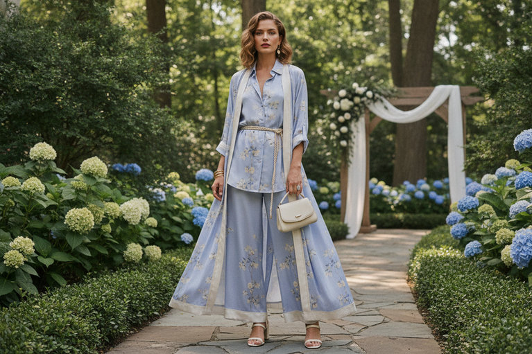 Summer wedding guest outfit in silk with a soft color pairing, styled for a daytime celebration