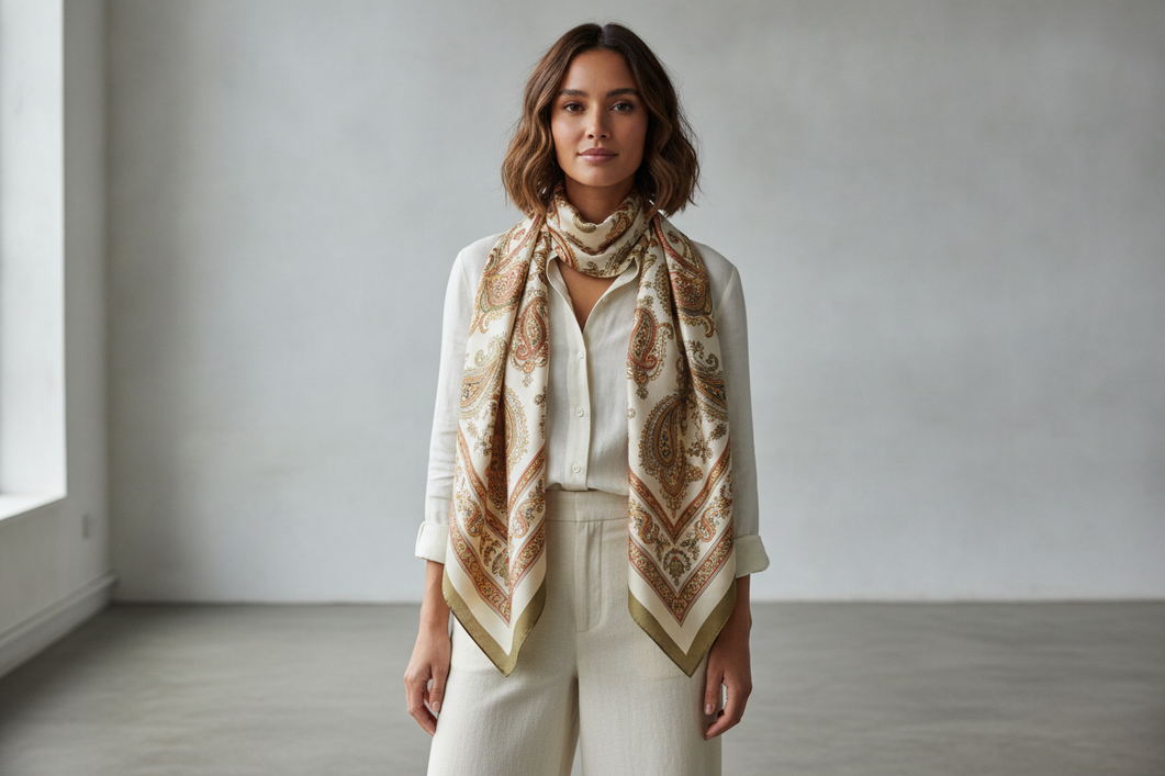 Silk scarf styled with a neutral outfit in a clean studio fashion shot