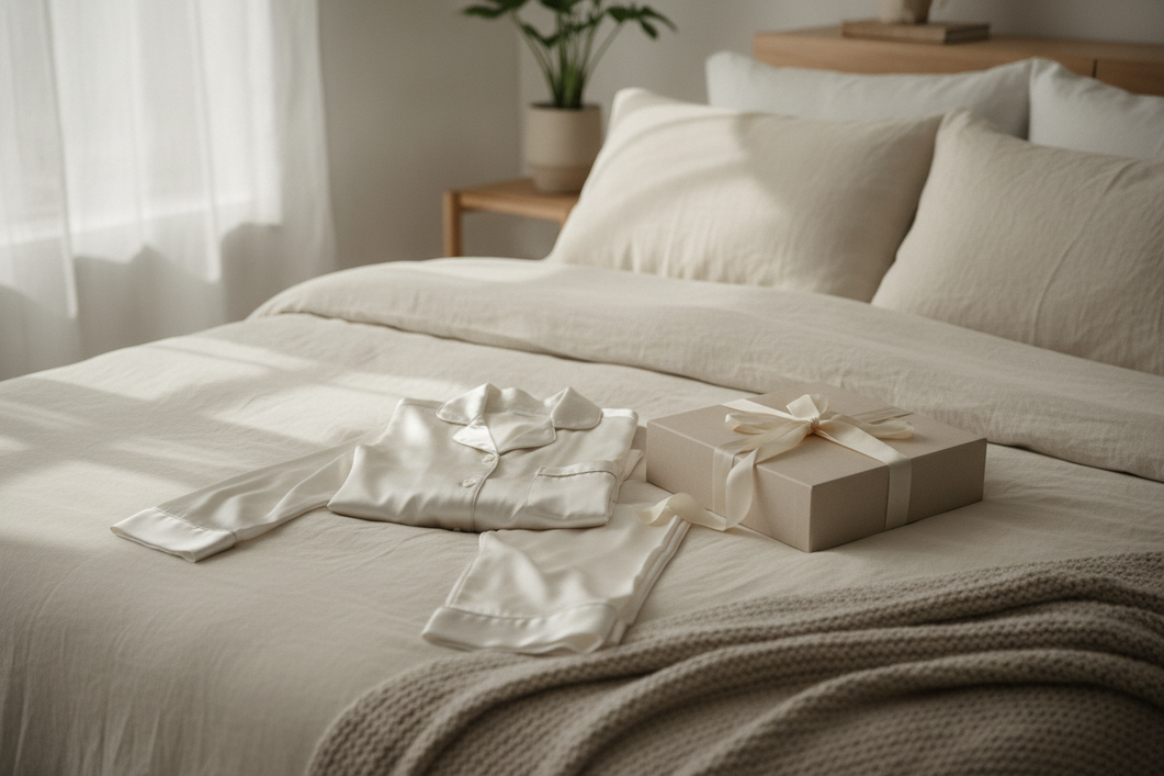 Neutral silk pajama set laid out neatly on a bed, showing a simple gift-ready choice for someone whose style is unknown.