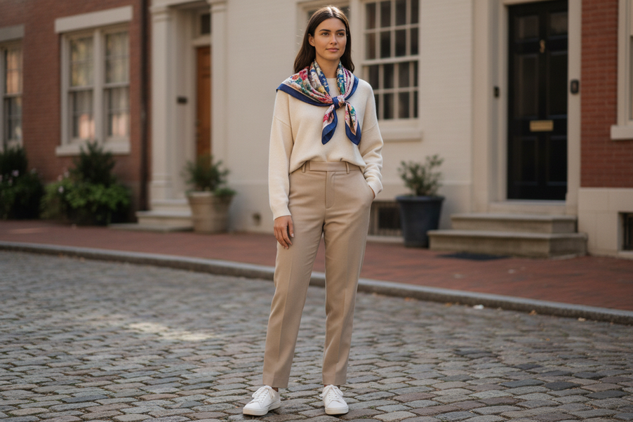 A neutral outfit with one colorful silk scarf as the main accent